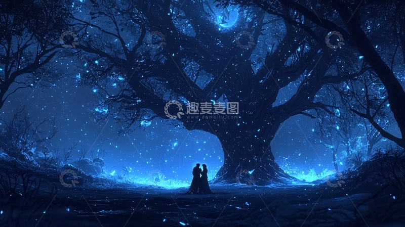 高清大图下载【趣麦麦图】夜晚森林下的浪漫情侣
