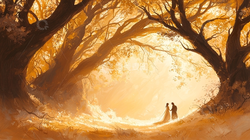 高清大图下载【趣麦麦图】秋日森林中的浪漫情侣