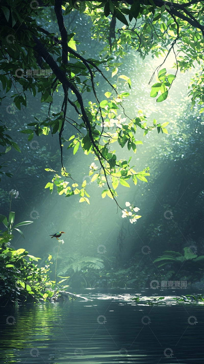 高清大图下载【趣麦麦图】森林中的阳光与鸟儿