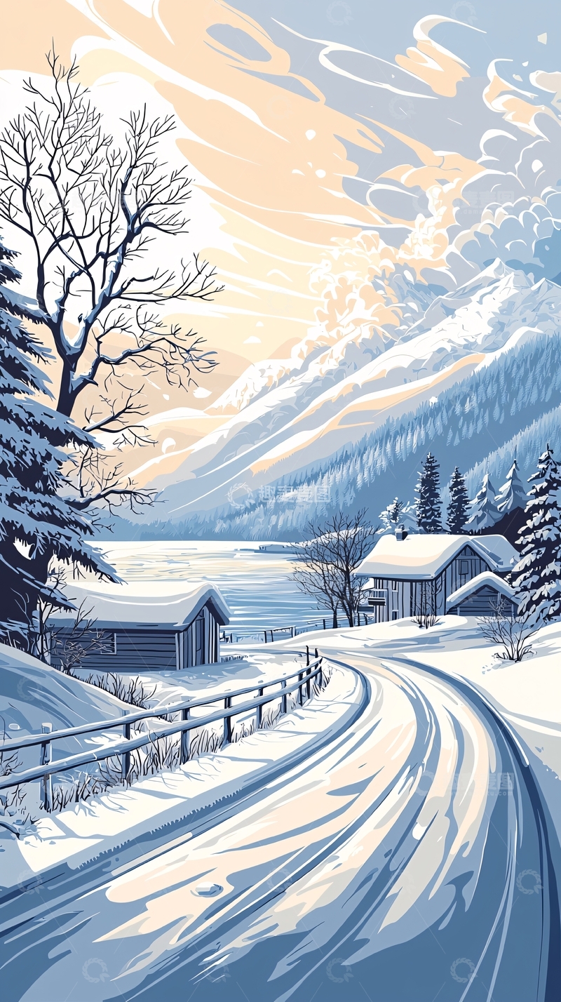 高清大图下载【趣麦麦图】冬日雪景小屋与山路