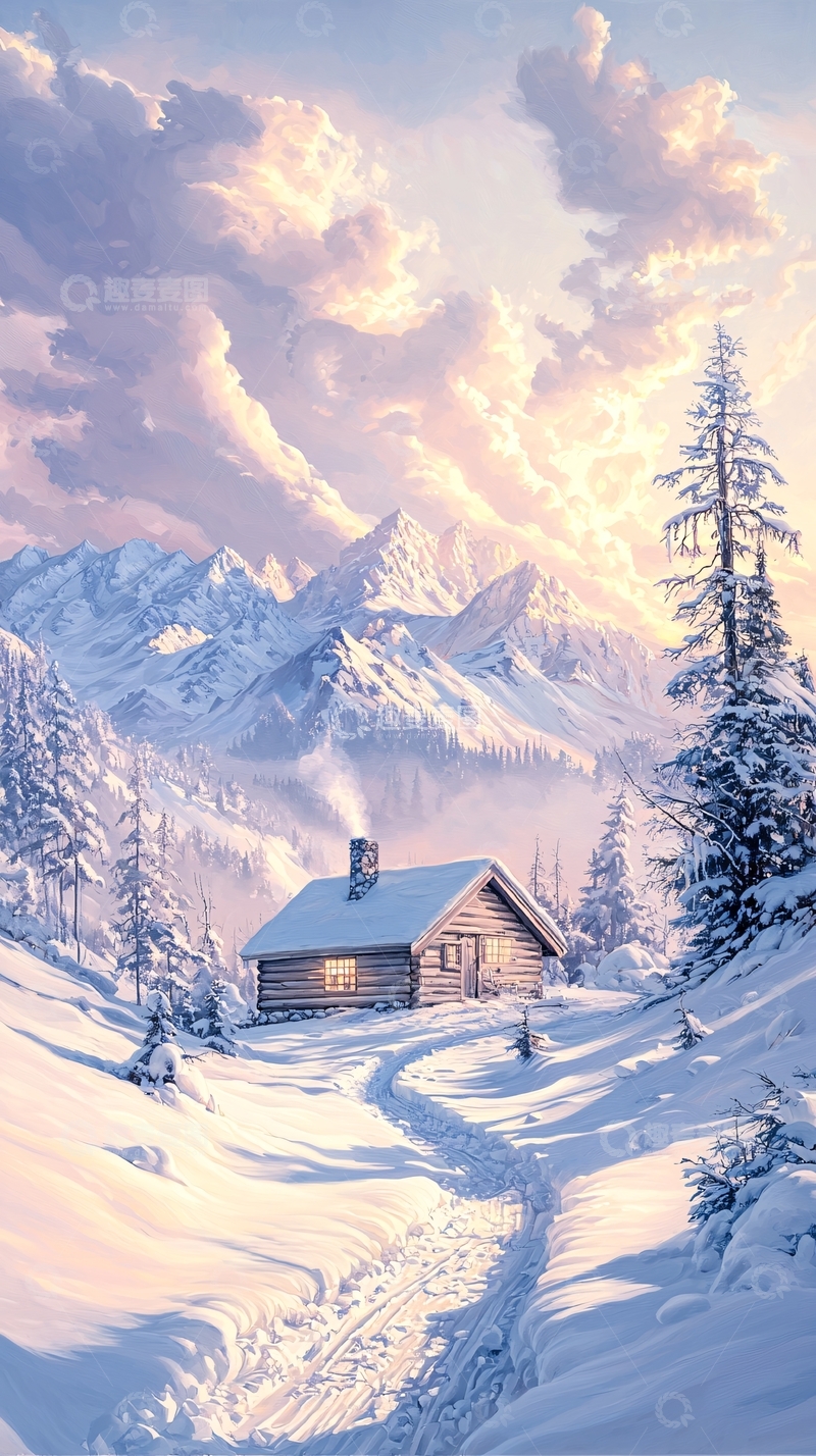 高清大图下载【趣麦麦图】冬日雪景中的小木屋