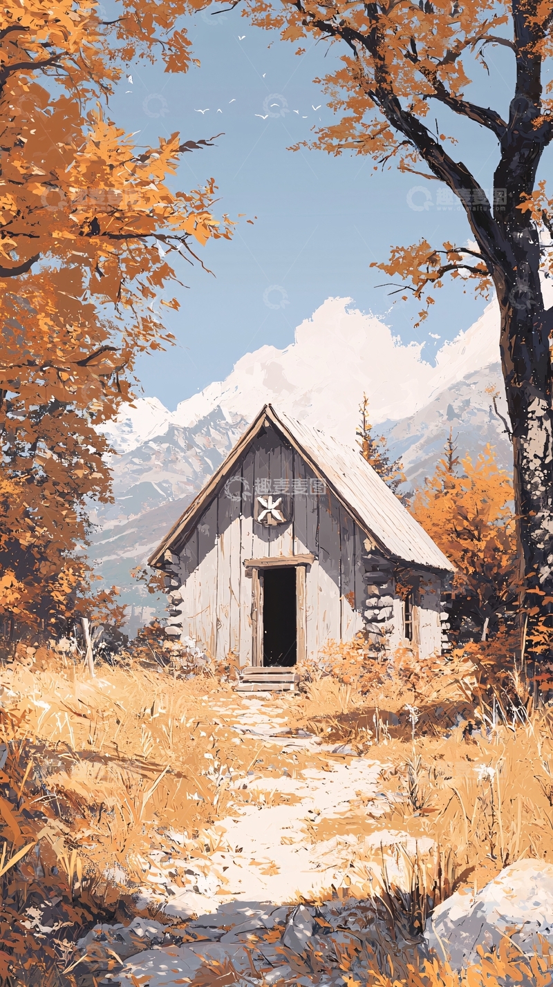 高清大图下载【趣麦麦图】秋日山间小屋风景