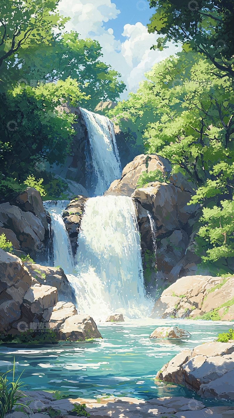 高清大图下载【趣麦麦图】夏日森林瀑布风景图