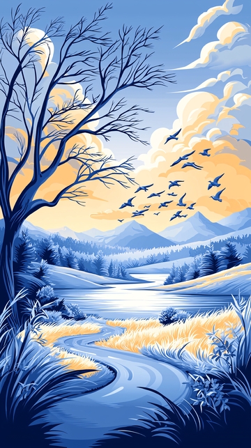 冬日河流与飞鸟