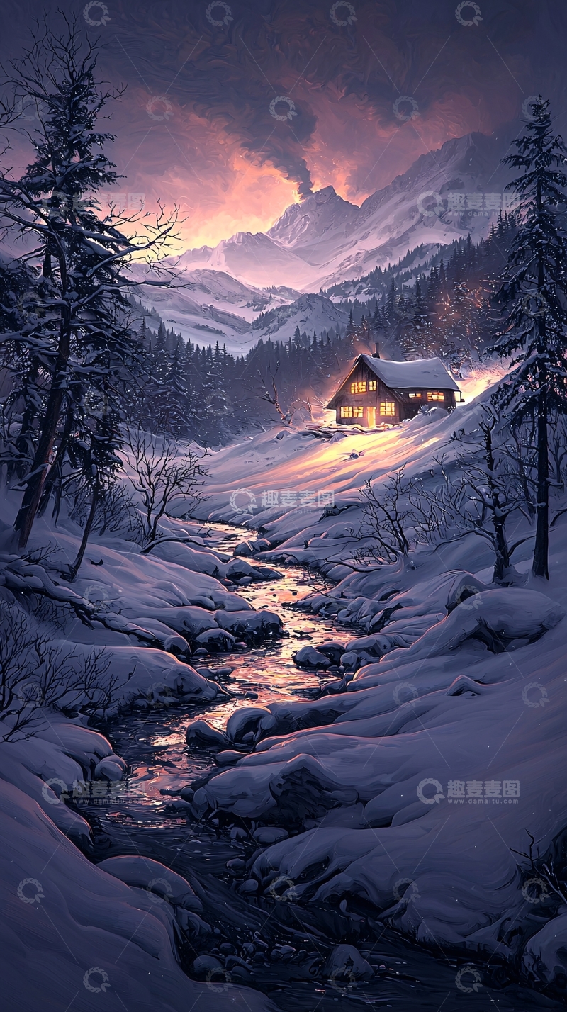 高清大图下载【趣麦麦图】冬夜山间小屋