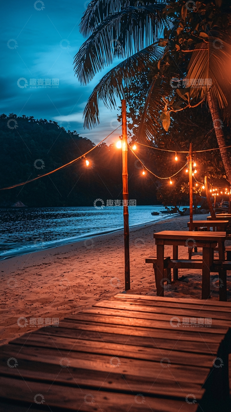 高清大图下载【趣麦麦图】海滩夜景灯光木桌