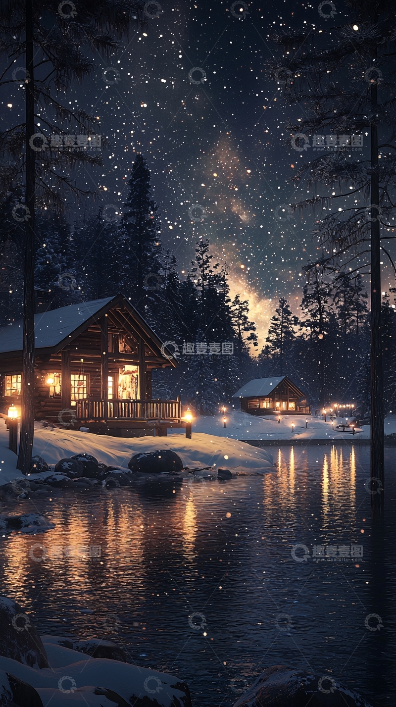 高清大图下载【趣麦麦图】冬夜湖畔木屋温馨场景