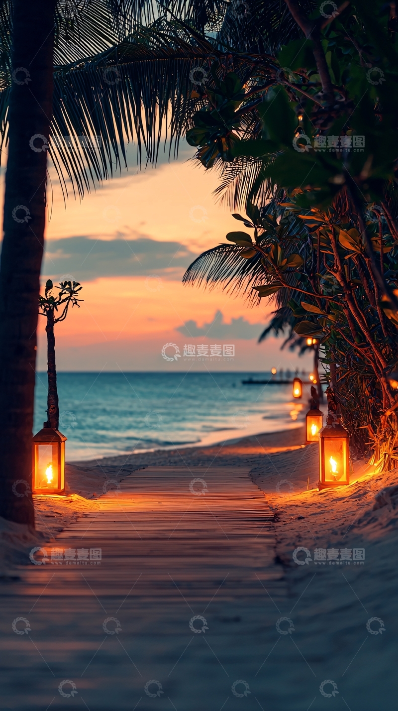 高清大图下载【趣麦麦图】海滩日落灯光明亮路径
