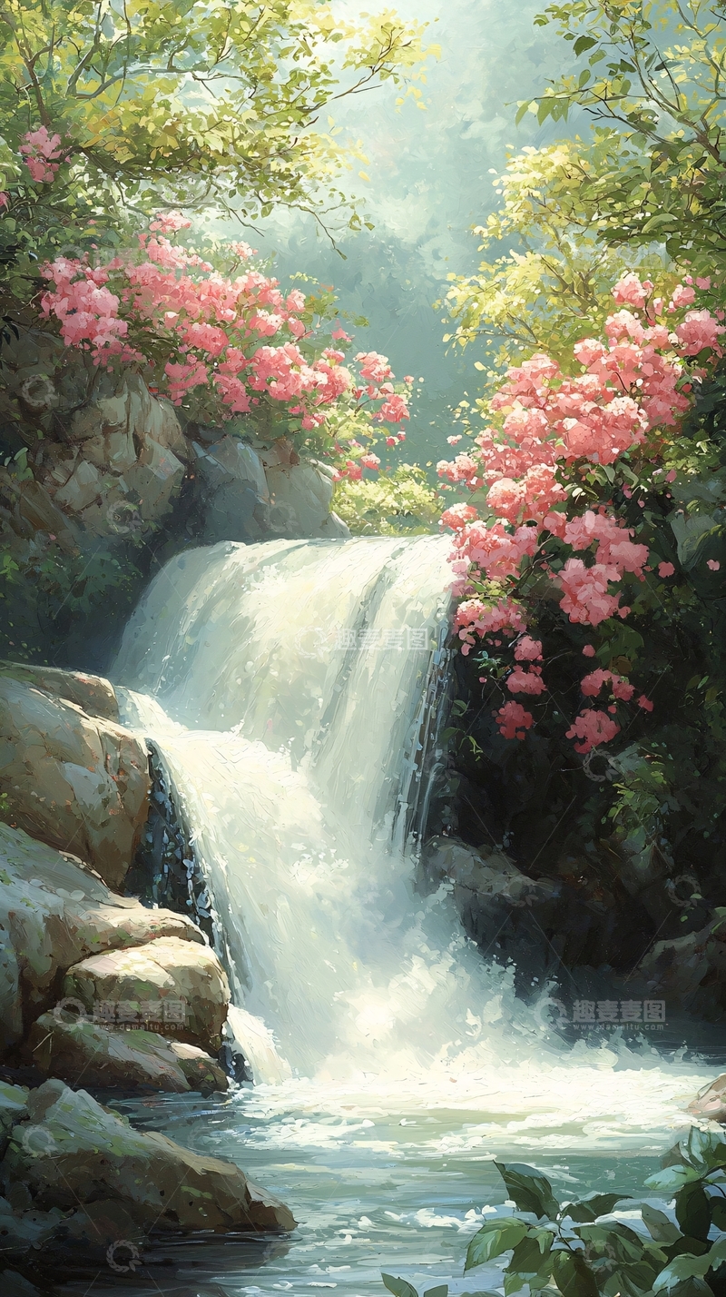 高清大图下载【趣麦麦图】瀑布与粉色花朵的自然美景