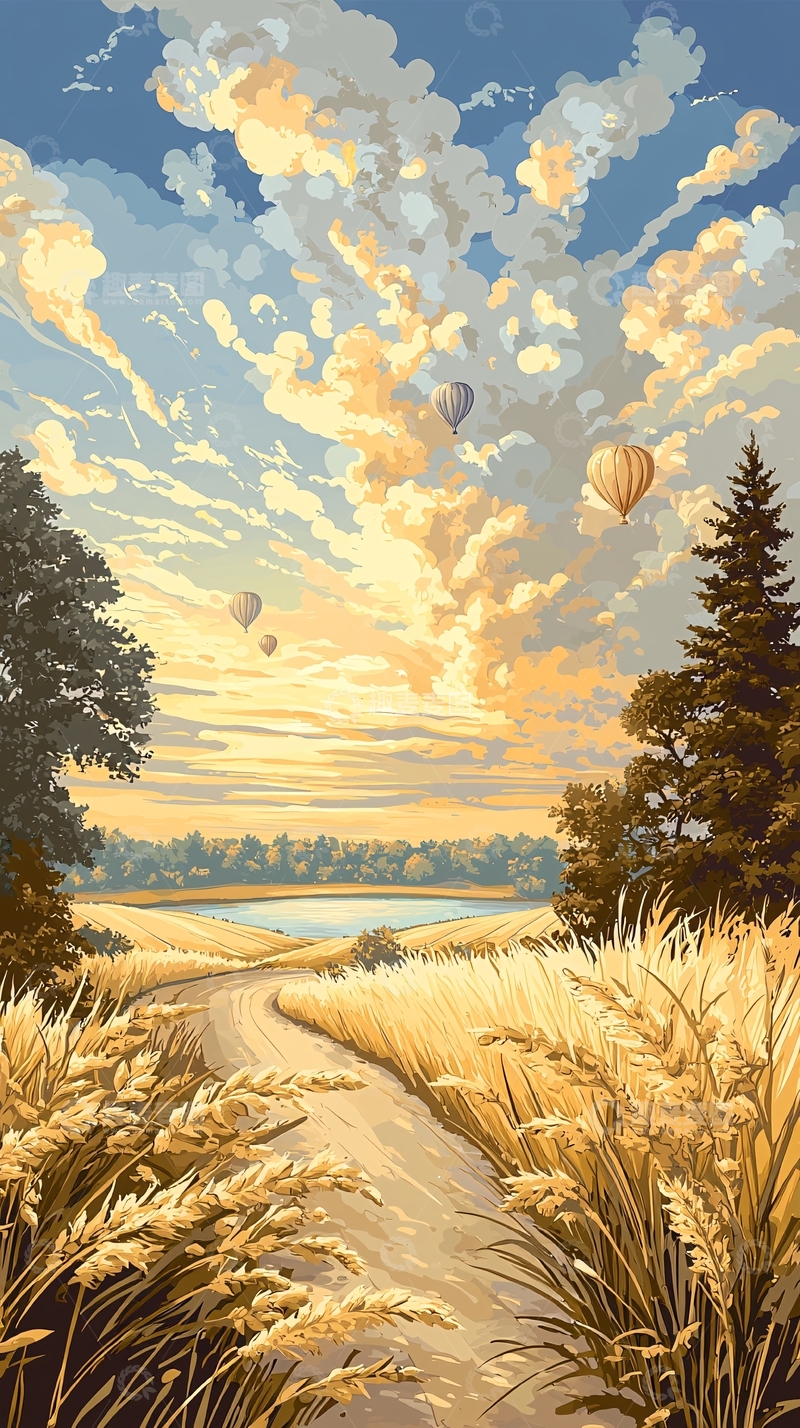 高清大图下载【趣麦麦图】秋日田园热气球风景
