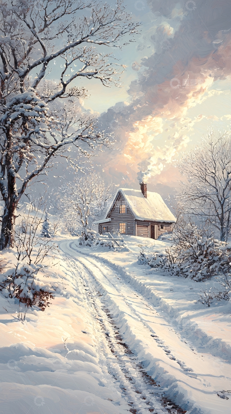 高清大图下载【趣麦麦图】冬日雪景中的小木屋