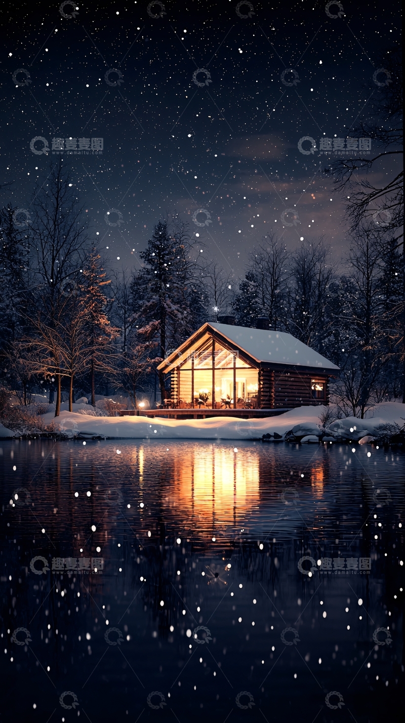 高清大图下载【趣麦麦图】冬夜湖边小屋