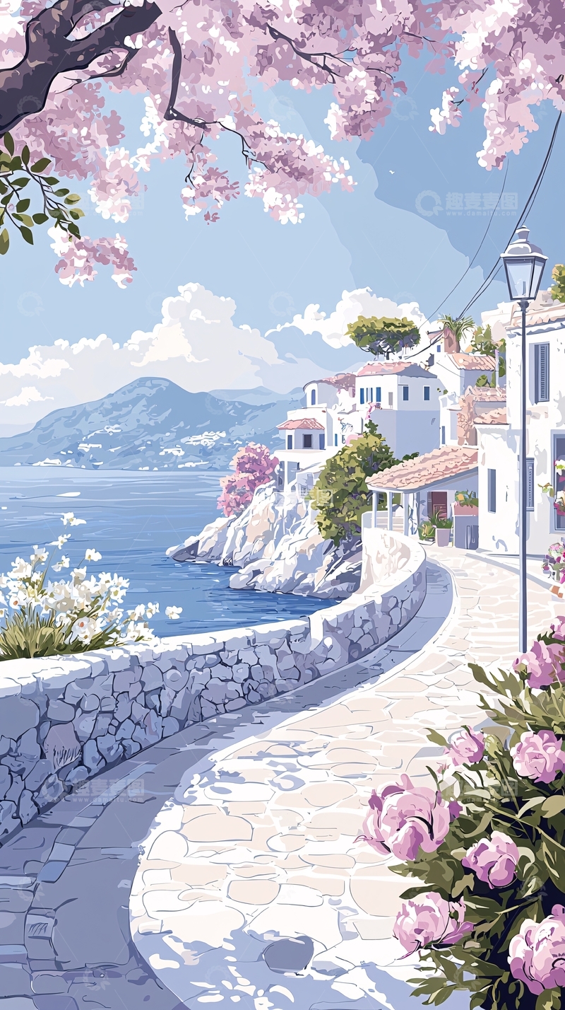 高清大图下载【趣麦麦图】海边小镇樱花盛开
