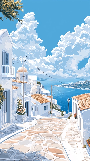 希腊风情小镇石路蓝天白云