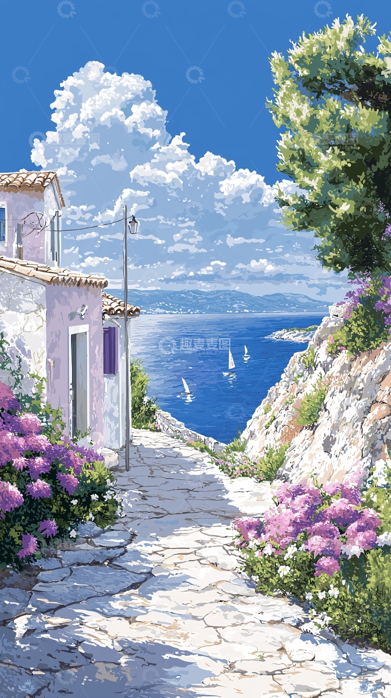 高清大图下载【趣麦麦图】海边小径与紫色花朵