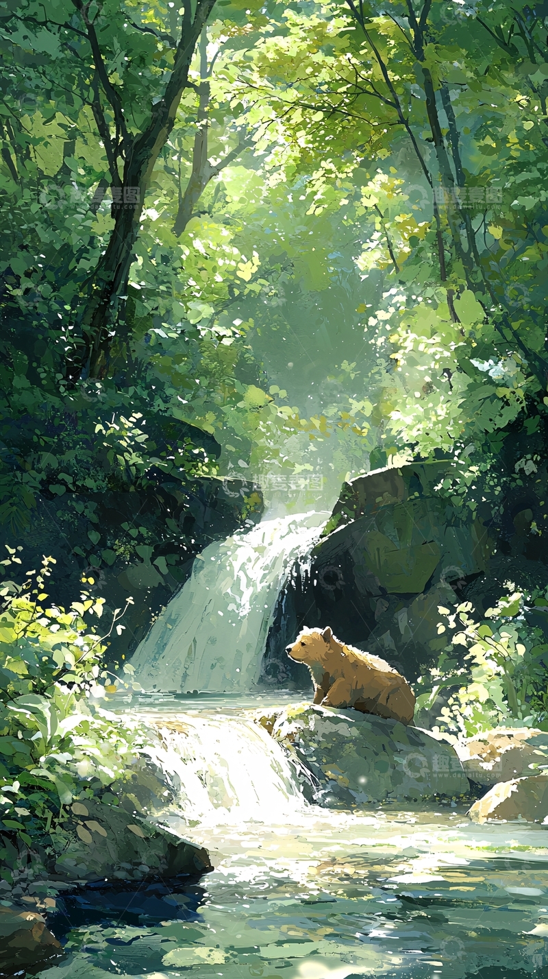高清大图下载【趣麦麦图】森林中的小瀑布与熊