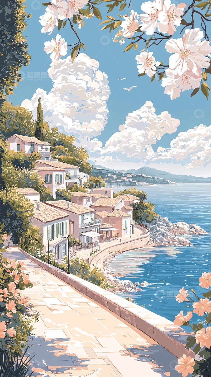 高清大图下载【趣麦麦图】海边小镇风景插画
