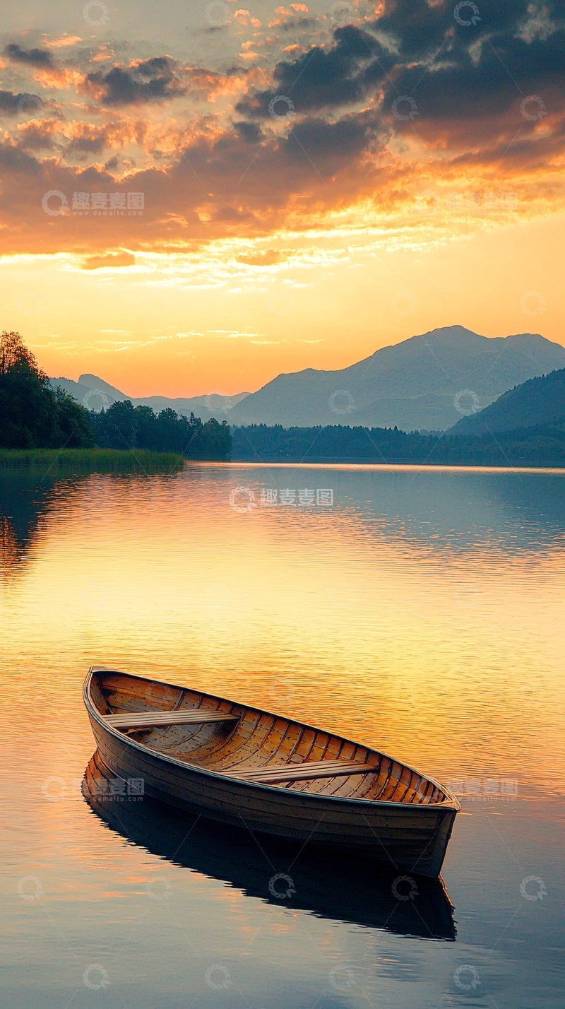 高清大图下载【趣麦麦图】日落湖畔静谧小舟