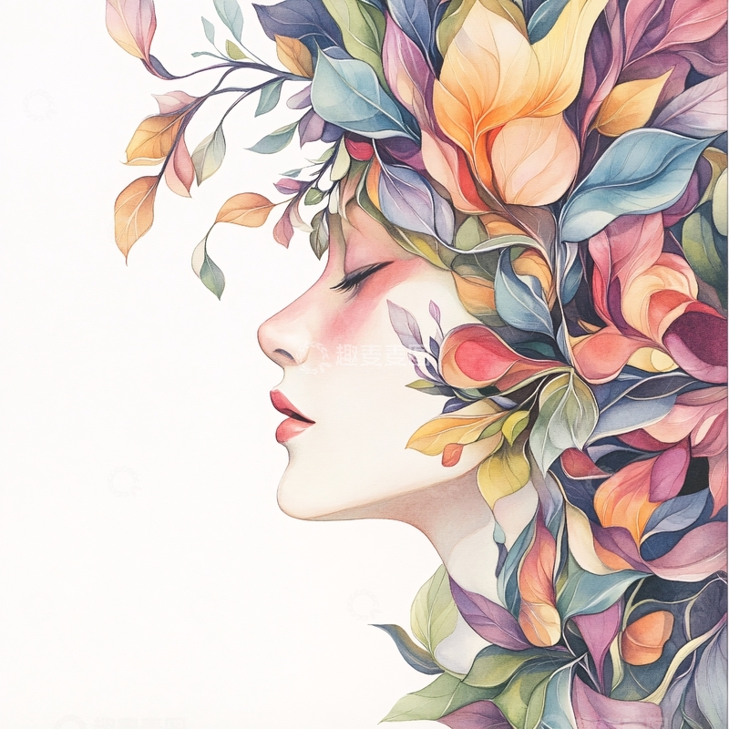 高清大图下载【趣麦麦图】秋日花冠女性侧脸插画