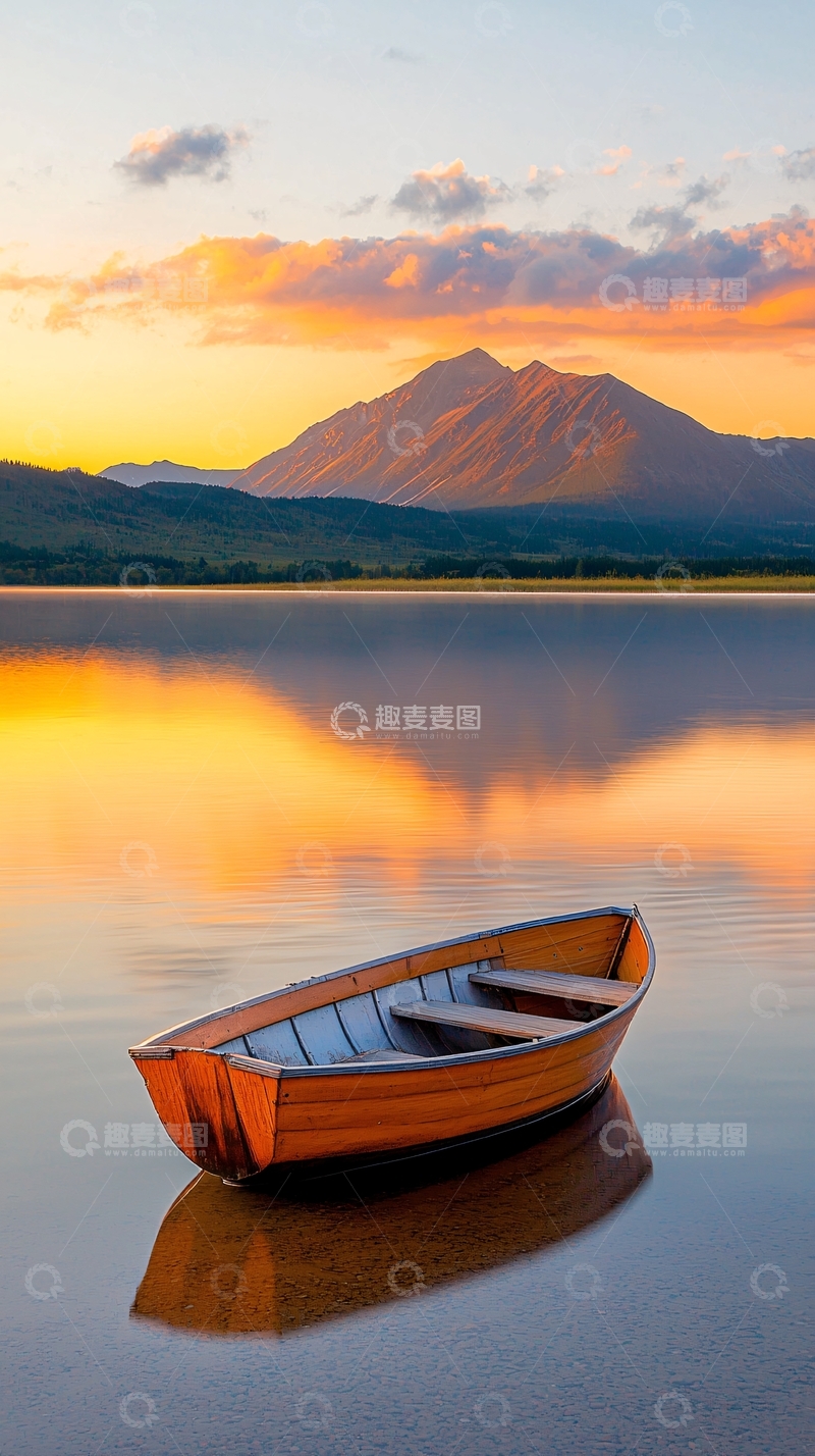高清大图下载【趣麦麦图】日落湖畔静谧木舟