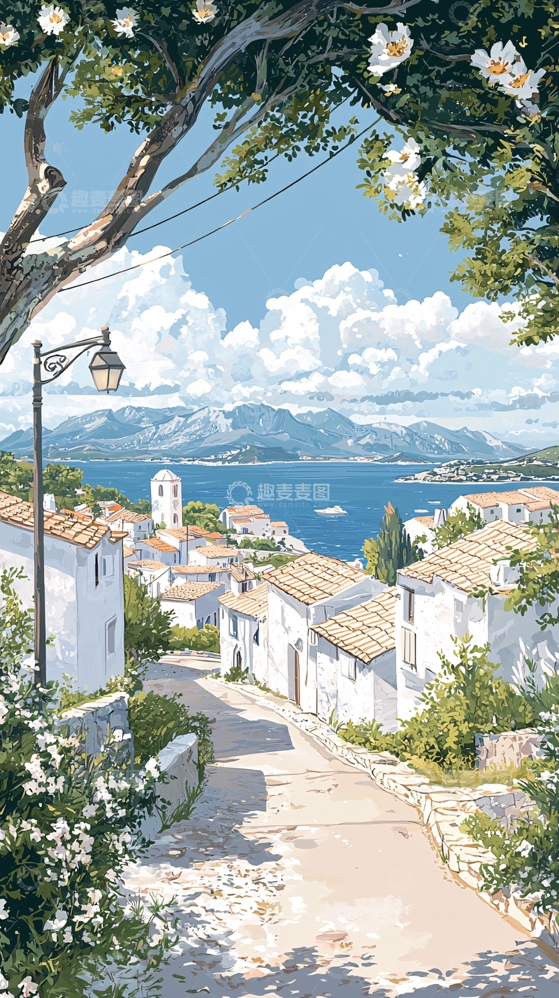 高清大图下载【趣麦麦图】地中海小镇风景插画