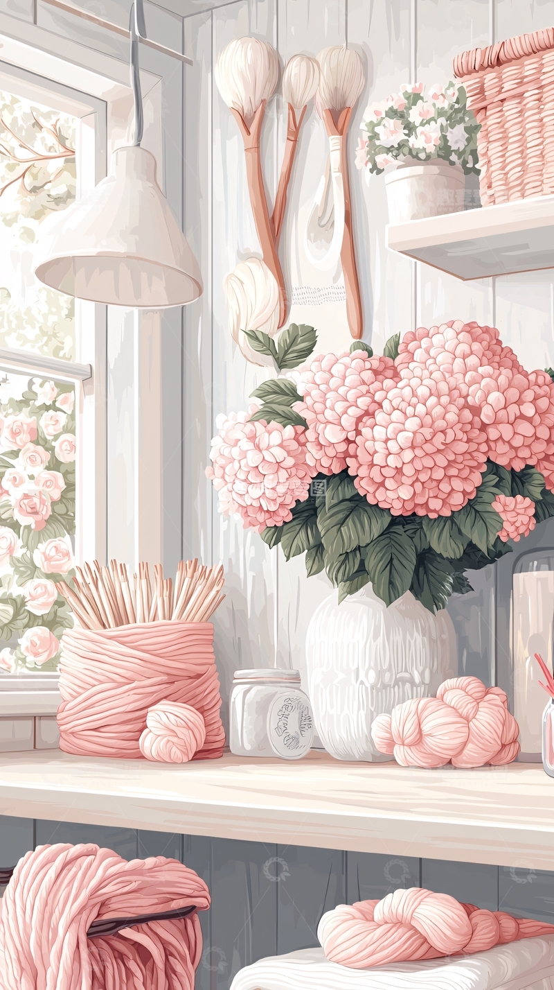 高清大图下载【趣麦麦图】粉色花瓶与毛线编织场景