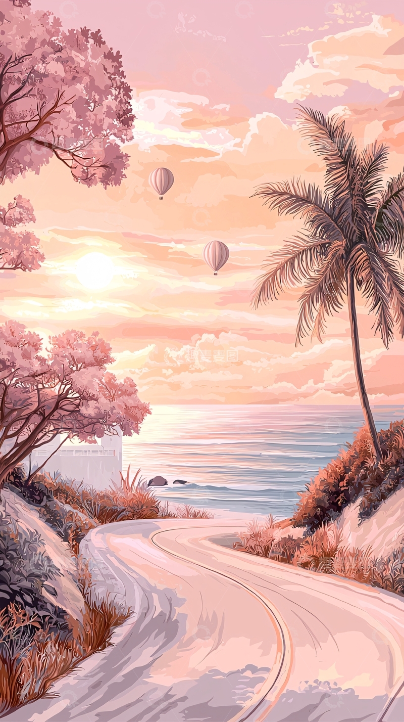 高清大图下载【趣麦麦图】夕阳海滩热气球风景
