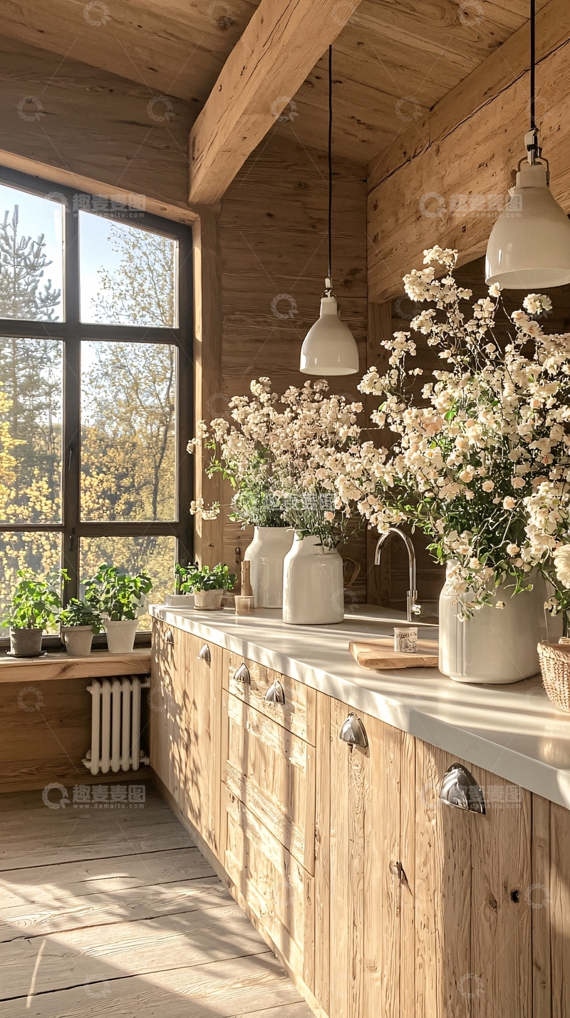 高清大图下载【趣麦麦图】自然光下的木质厨房与花艺装饰