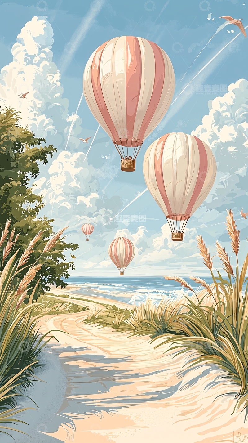 高清大图下载【趣麦麦图】热气球海滩漫步