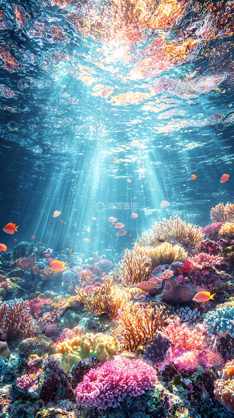 高清大图下载【趣麦麦图】海底珊瑚礁与阳光下的鱼群