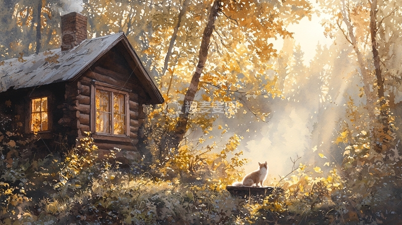 高清大图下载【趣麦麦图】秋日小屋与猫