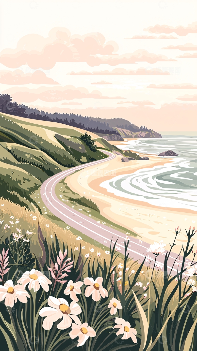 高清大图下载【趣麦麦图】海边公路风景插画