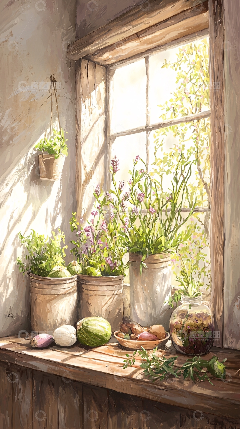 高清大图下载【趣麦麦图】窗台上的植物与蔬菜