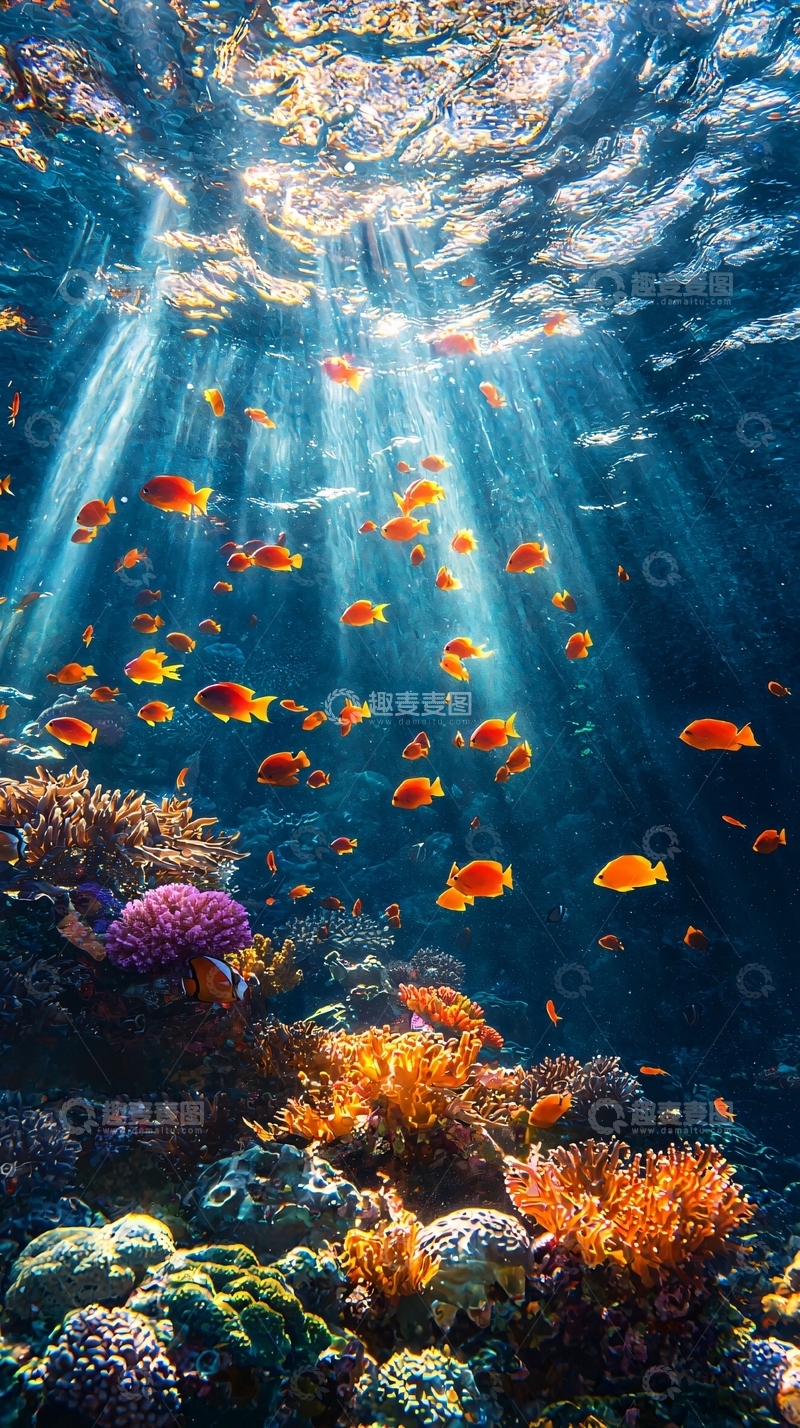 高清大图下载【趣麦麦图】海底珊瑚鱼群光影