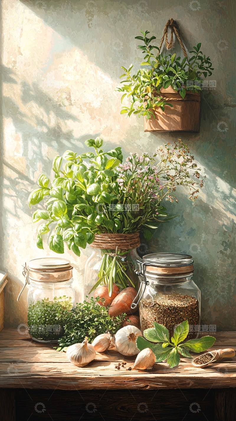 高清大图下载【趣麦麦图】阳光下的厨房香草与食材