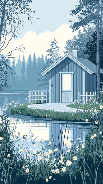 湖边小屋风景插画