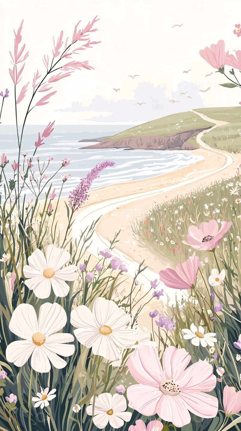 高清大图下载【趣麦麦图】海边花田风景插画