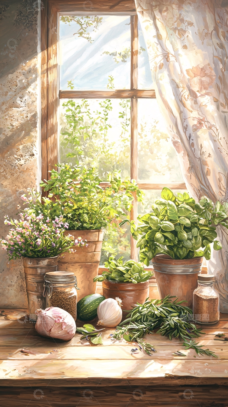 高清大图下载【趣麦麦图】窗台上的植物与食材