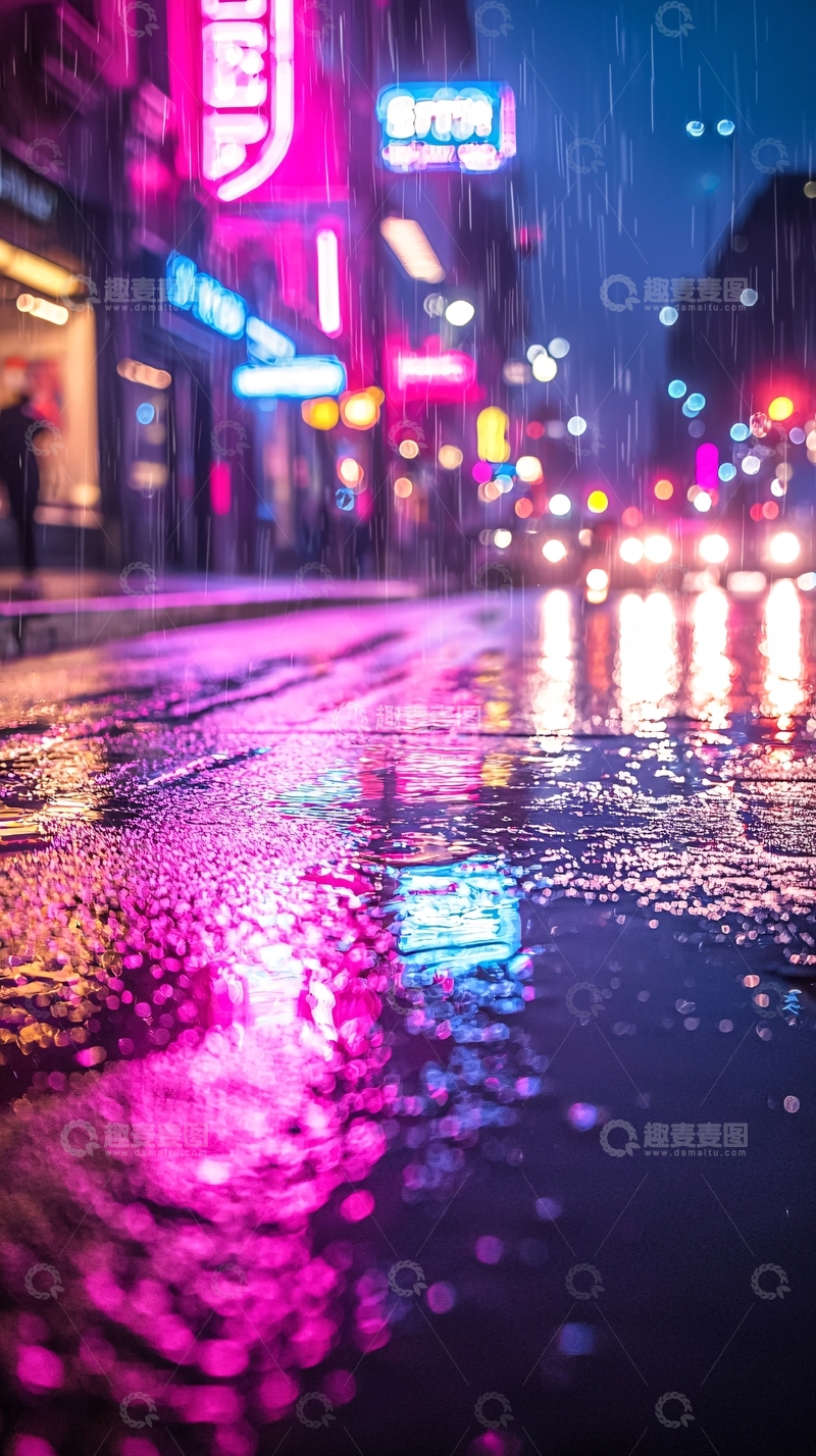 高清大图下载【趣麦麦图】霓虹雨夜街道光影