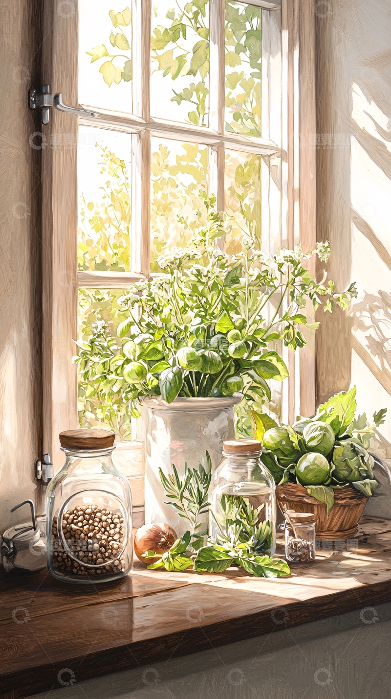 高清大图下载【趣麦麦图】阳光窗台上的绿色植物与罐子