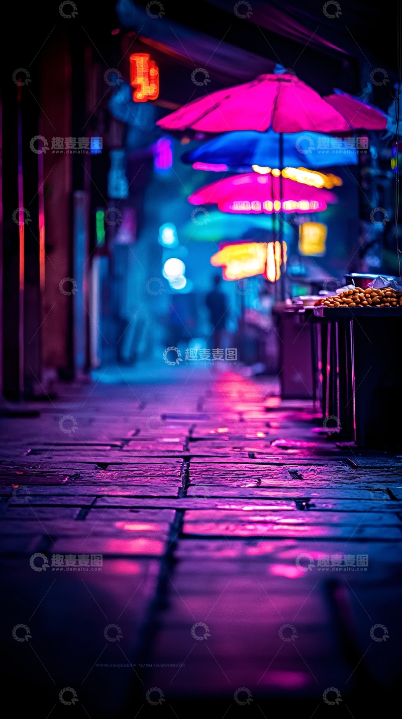 高清大图下载【趣麦麦图】霓虹灯下的夜市街道
