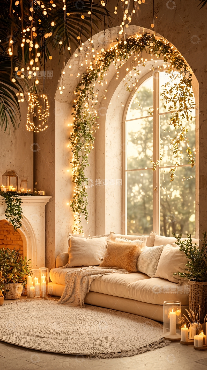 高清大图下载【趣麦麦图】温馨客厅装饰灯饰植物沙发