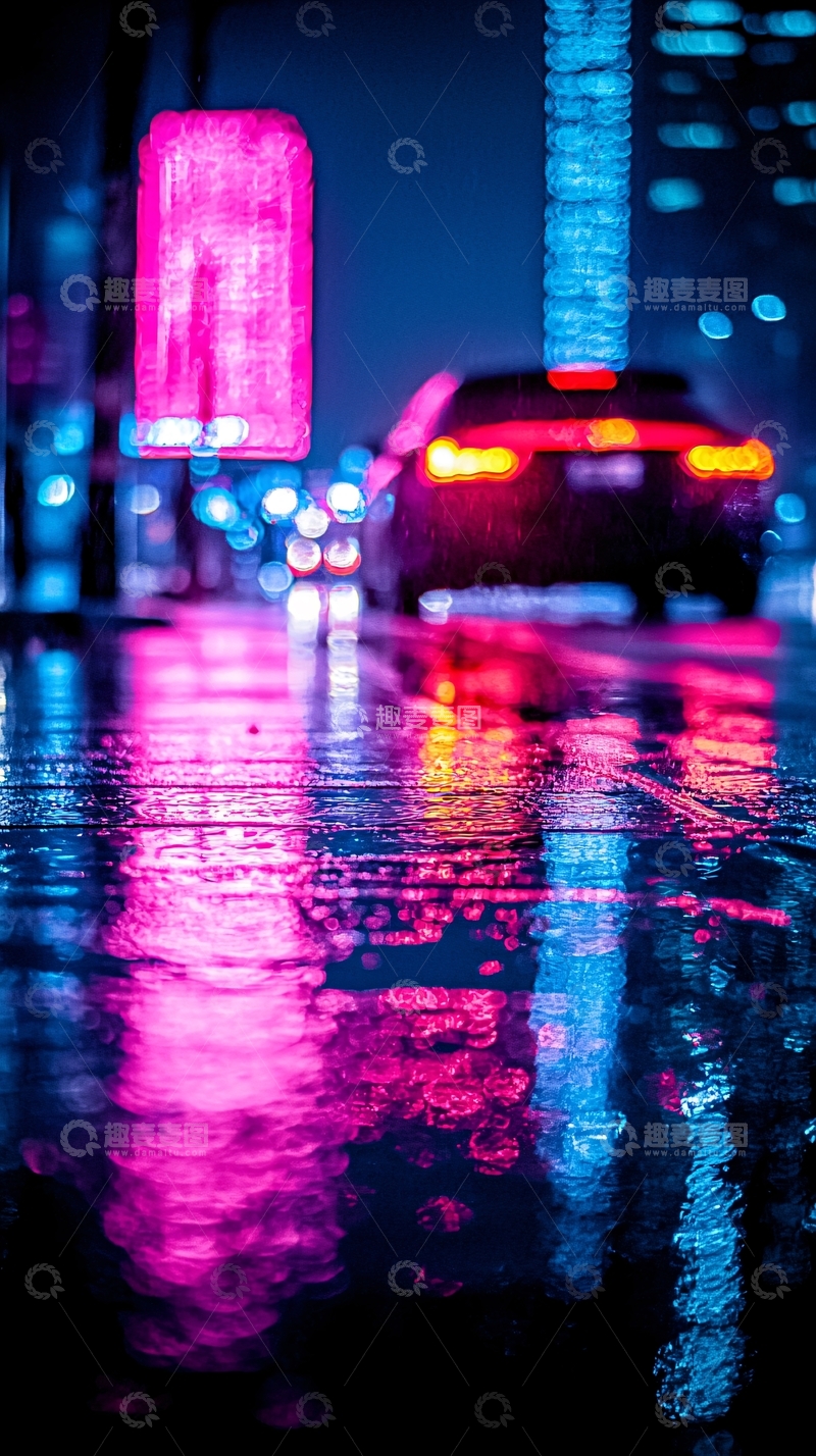 高清大图下载【趣麦麦图】雨夜霓虹灯下的城市街景