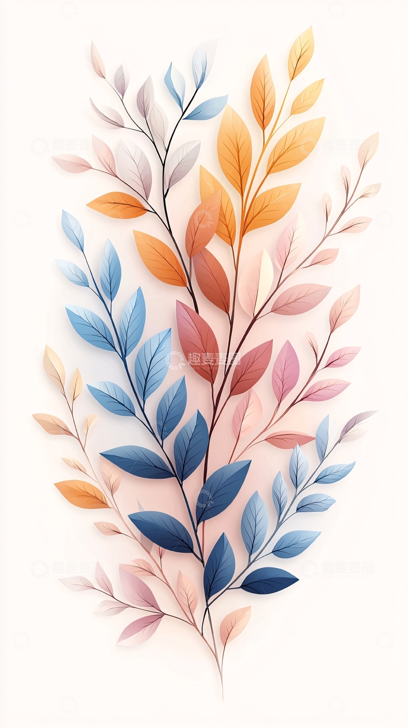高清大图下载【趣麦麦图】秋日色彩斑斓树叶插画