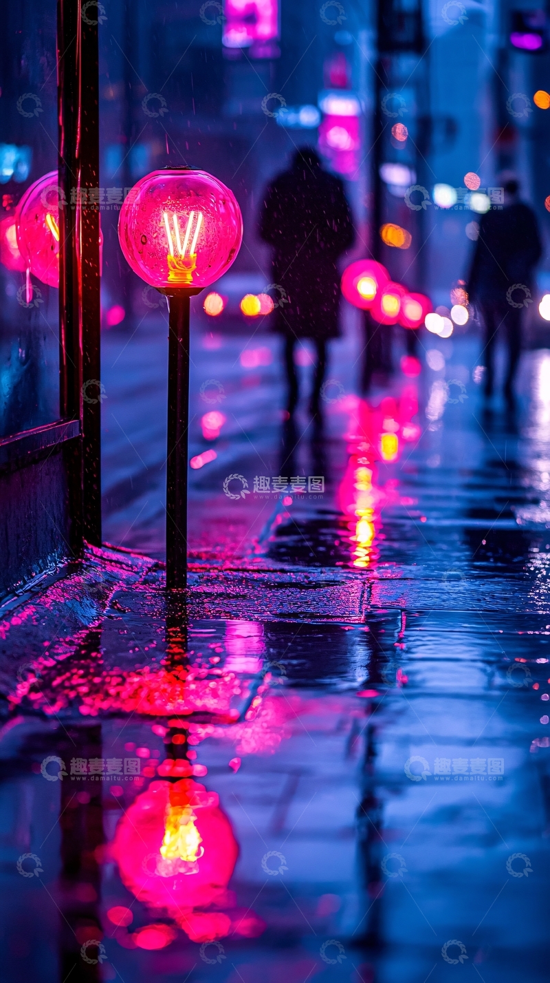高清大图下载【趣麦麦图】雨夜霓虹灯下的街道