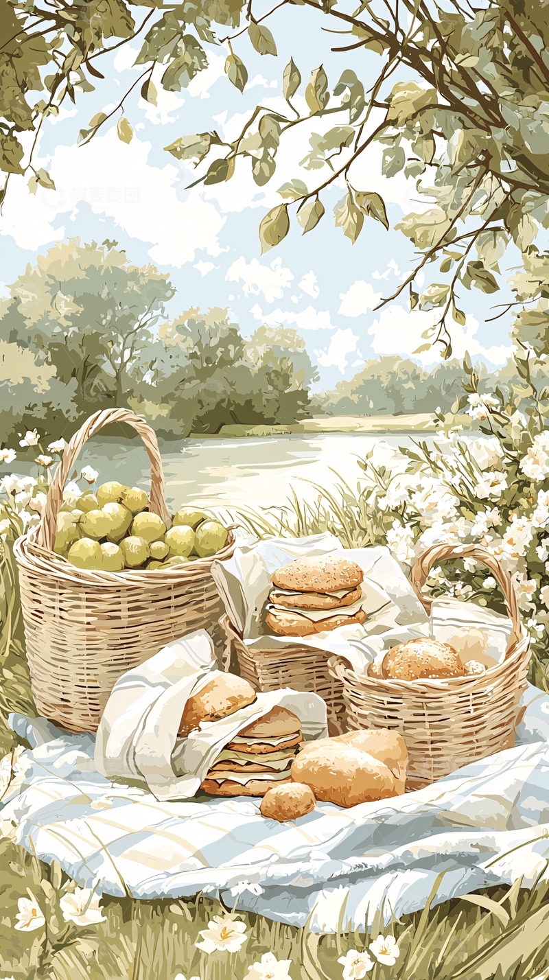 高清大图下载【趣麦麦图】户外野餐篮子与面包水果