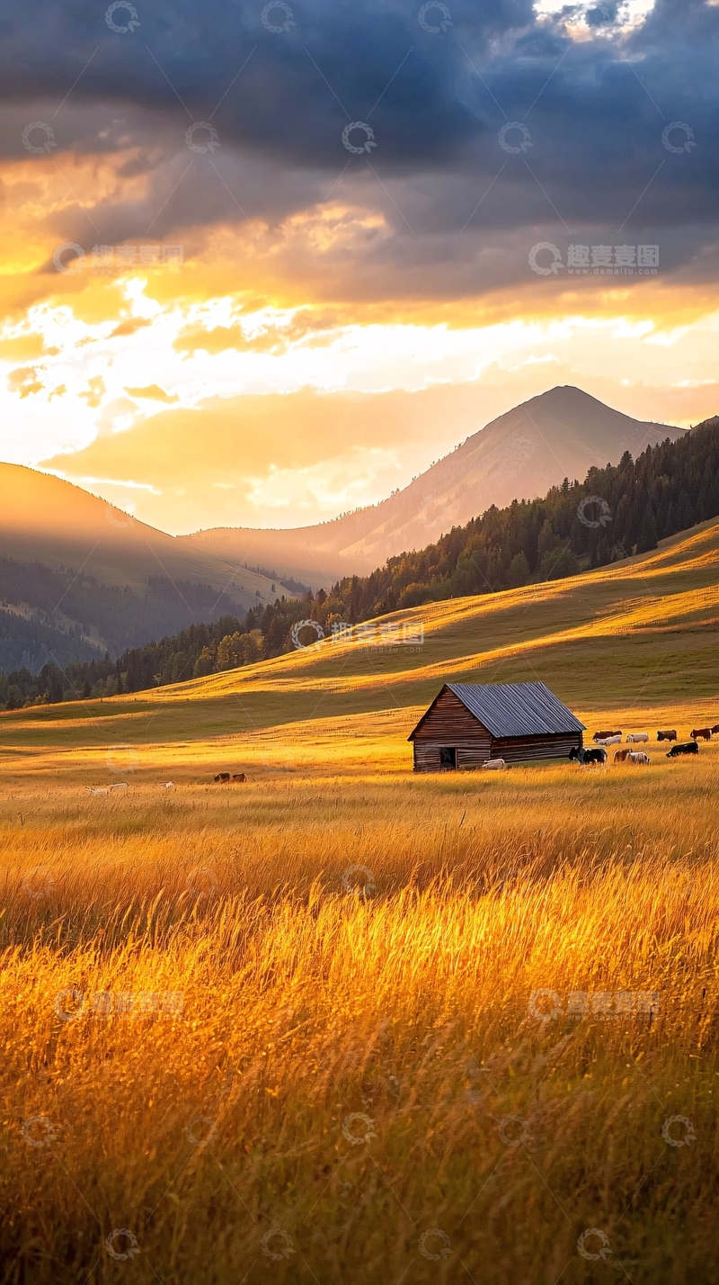 高清大图下载【趣麦麦图】夕阳下的山间小屋