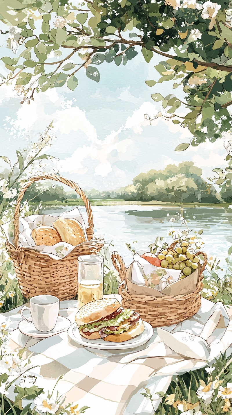 高清大图下载【趣麦麦图】夏日河边野餐篮子