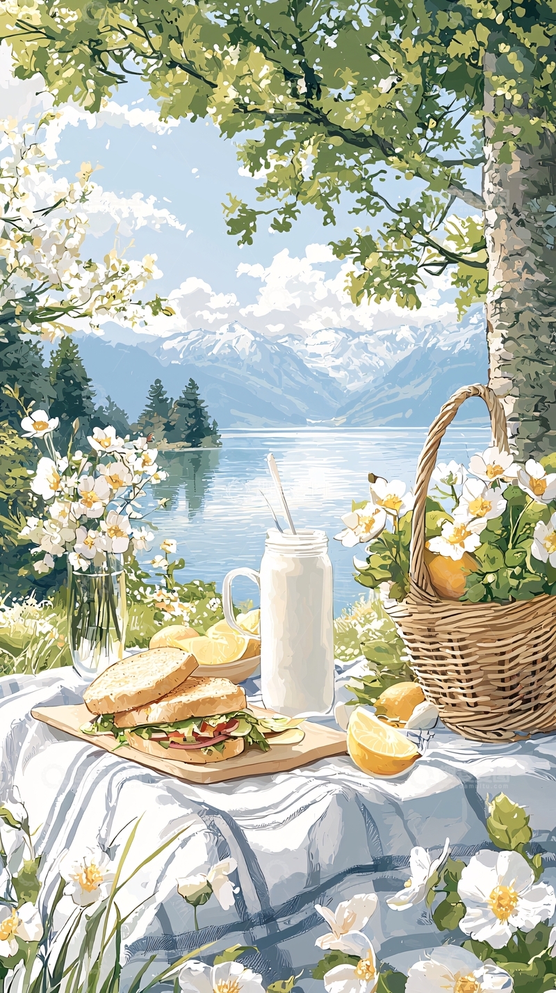 高清大图下载【趣麦麦图】湖边野餐风景插画
