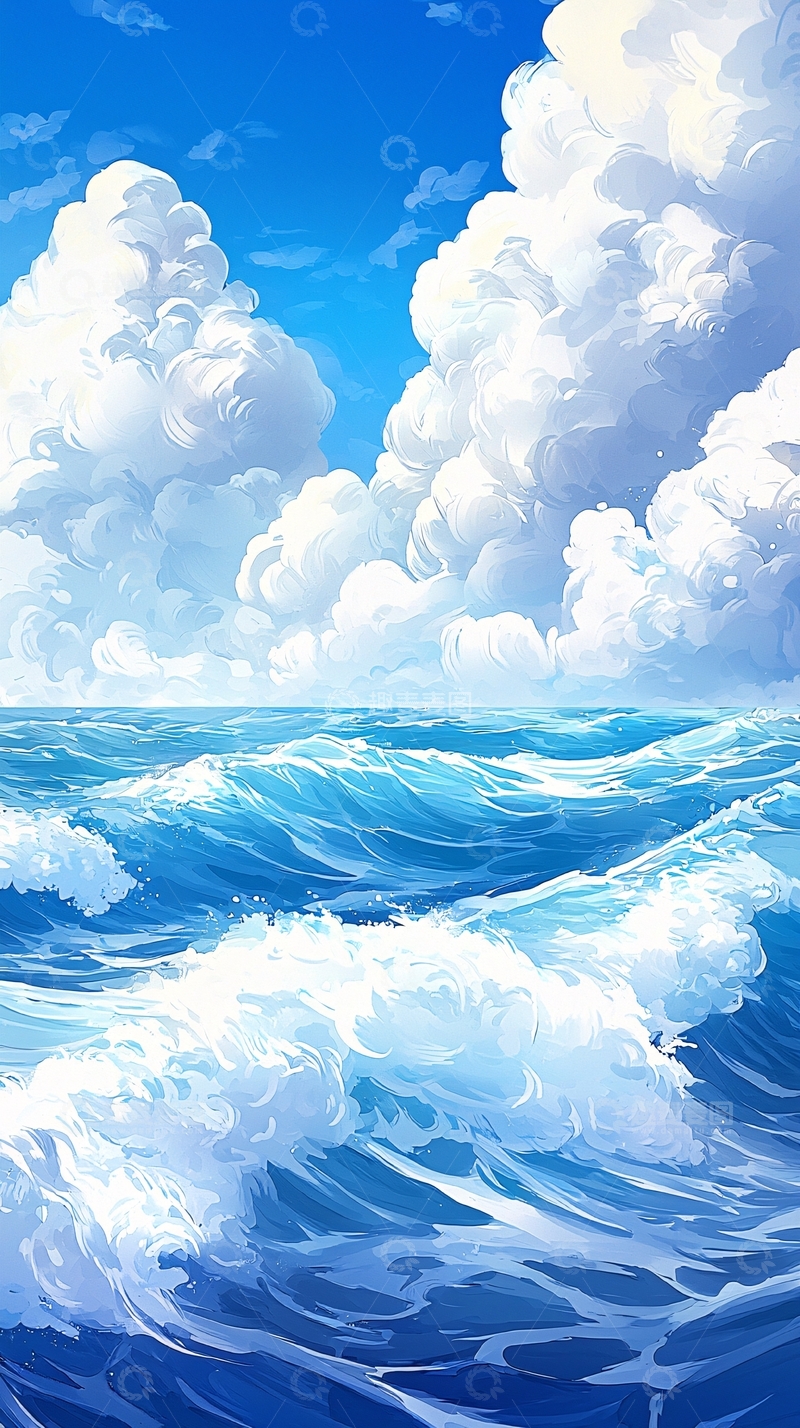 高清大图下载【趣麦麦图】蓝天白云下的海洋波浪